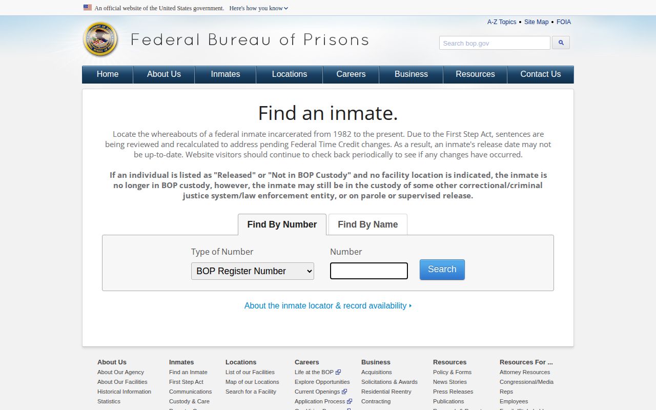 Federal BOP inmate locator for Connecticut federal release records