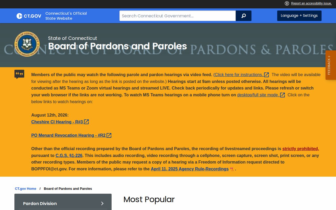 Connecticut Board of Pardons and Paroles release and hearing homepage