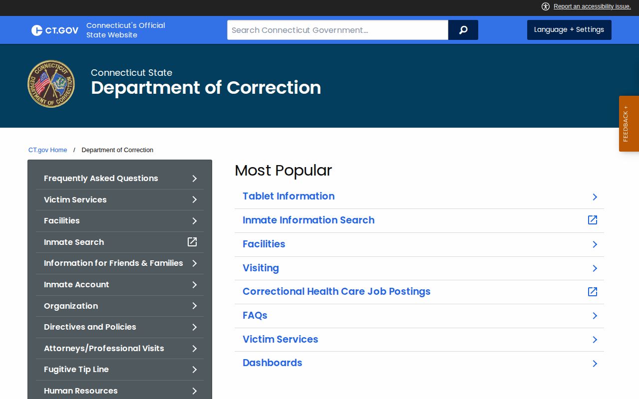 Connecticut Department of Correction statewide release information home page