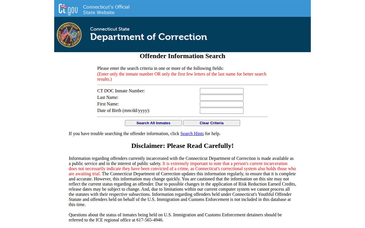 CT DOC inmate information form for Connecticut release status searches