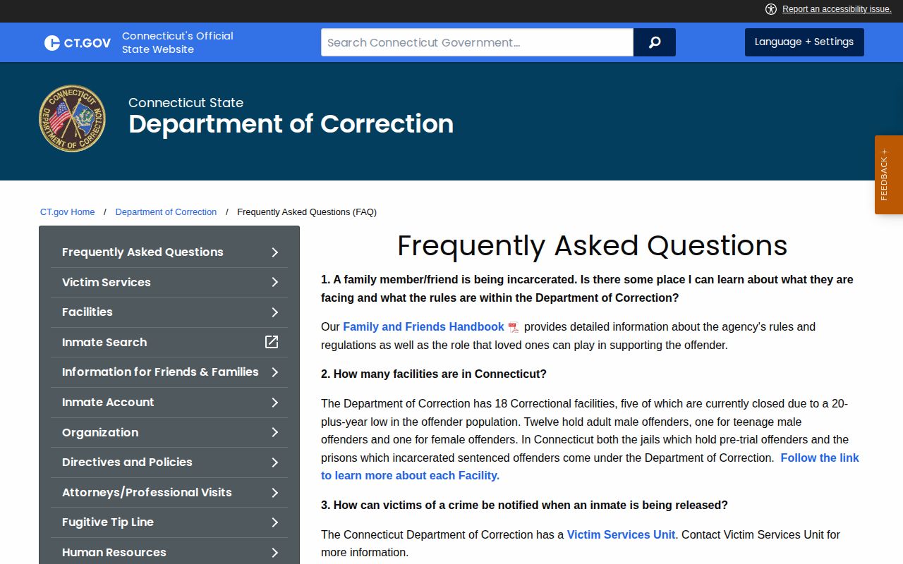 Connecticut DOC FAQ describing inmate and release record fields