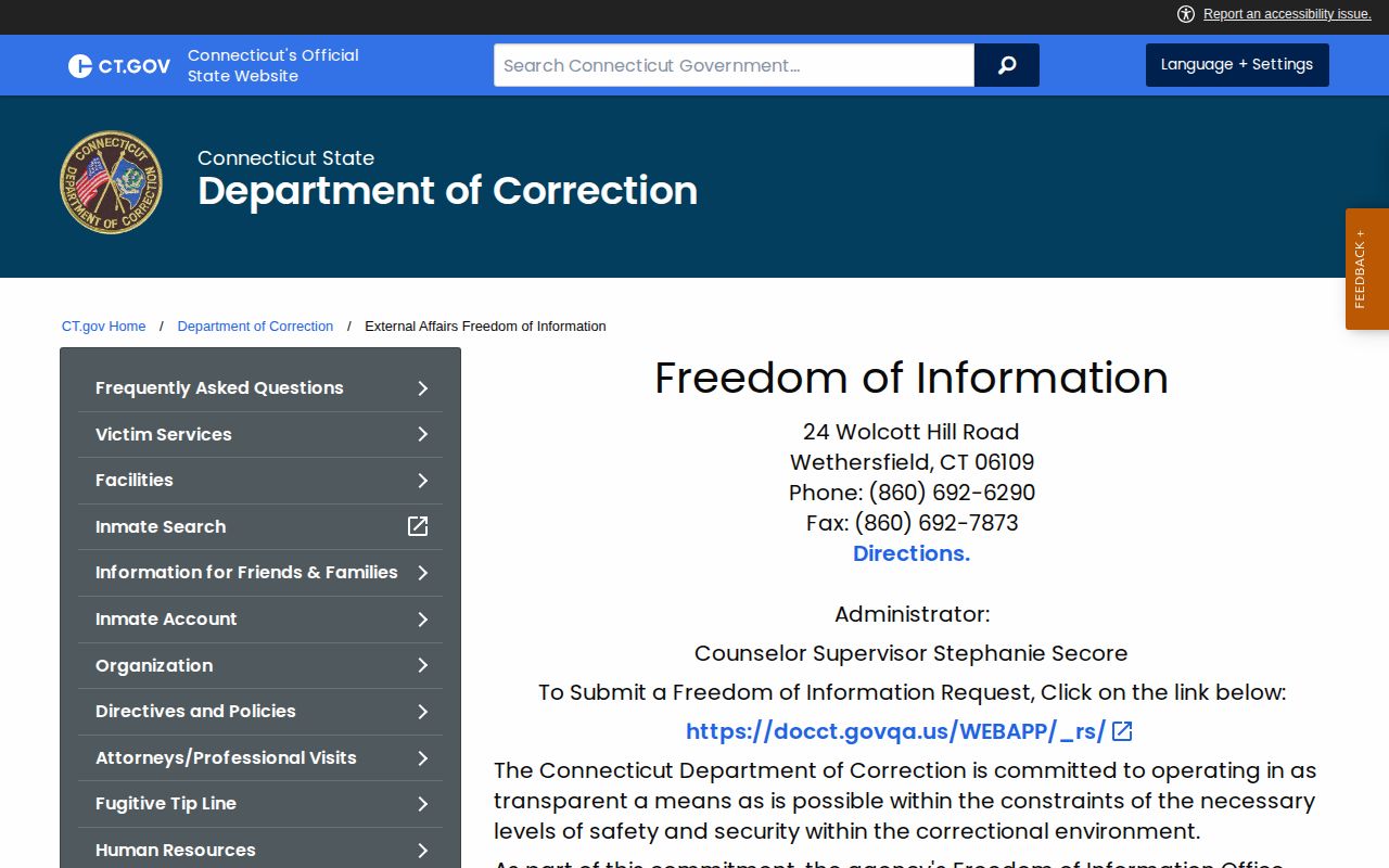 Connecticut DOC FOI Office discharge records request page