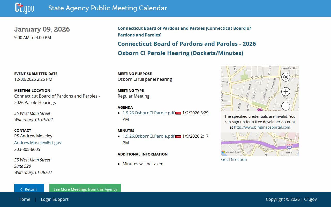 Connecticut parole hearing event with docket and decision minutes